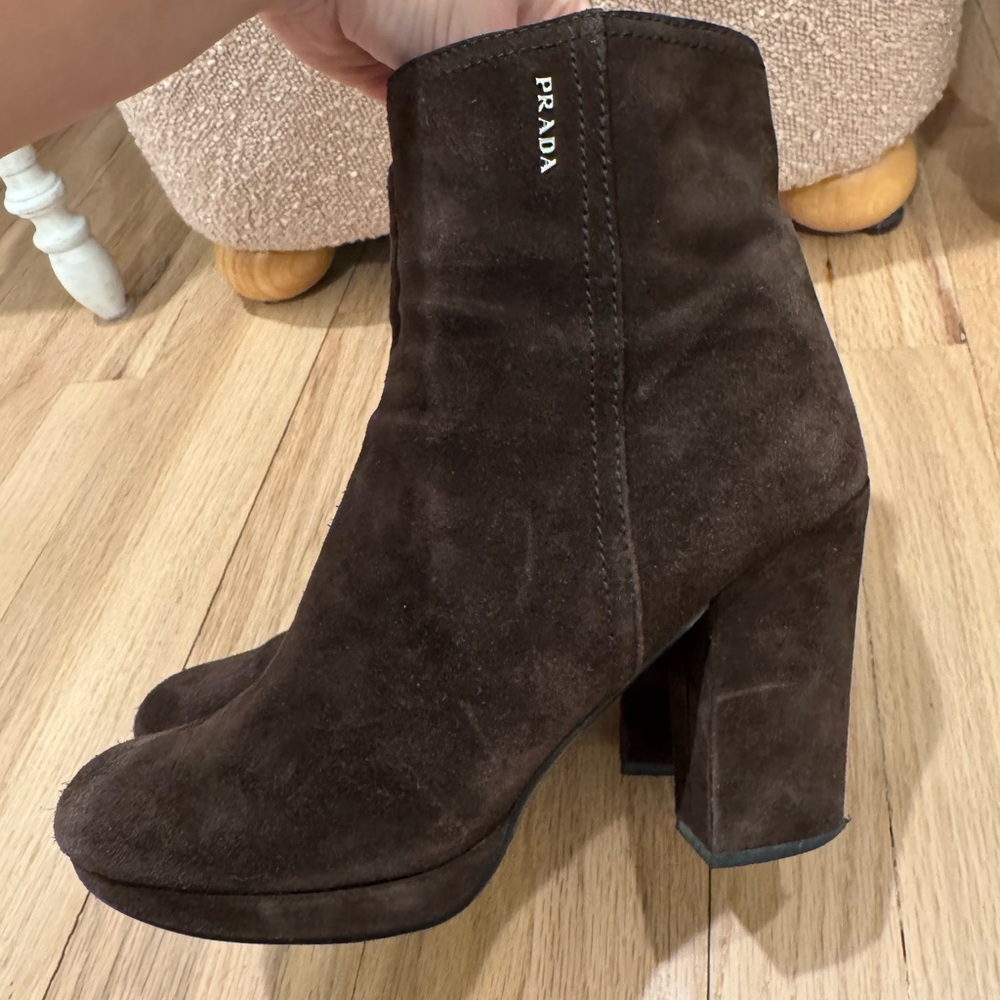 Prada Women's Brown Suede Block Heel Boots (size 37) - Picture 4 of 8
